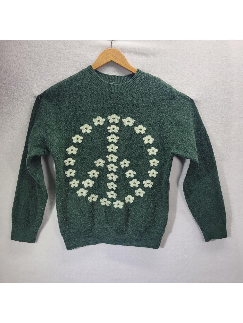 Witty Fox Size Large Crew Neck Soft Sweater Top Dark Green Peace Pullover